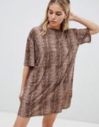Asos Design Ultimate Slinky T-shirt Dress In Snake Print - Multi