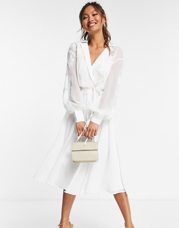 Asos Design Embroidered Wrap Midi Dress With Satin And Lace Trim Detail-white