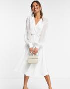 Asos Design Embroidered Wrap Midi Dress With Satin And Lace Trim Detail-white