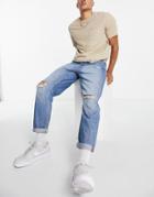 Topman Ripped Relaxed Jeans In Mid Wash-blues