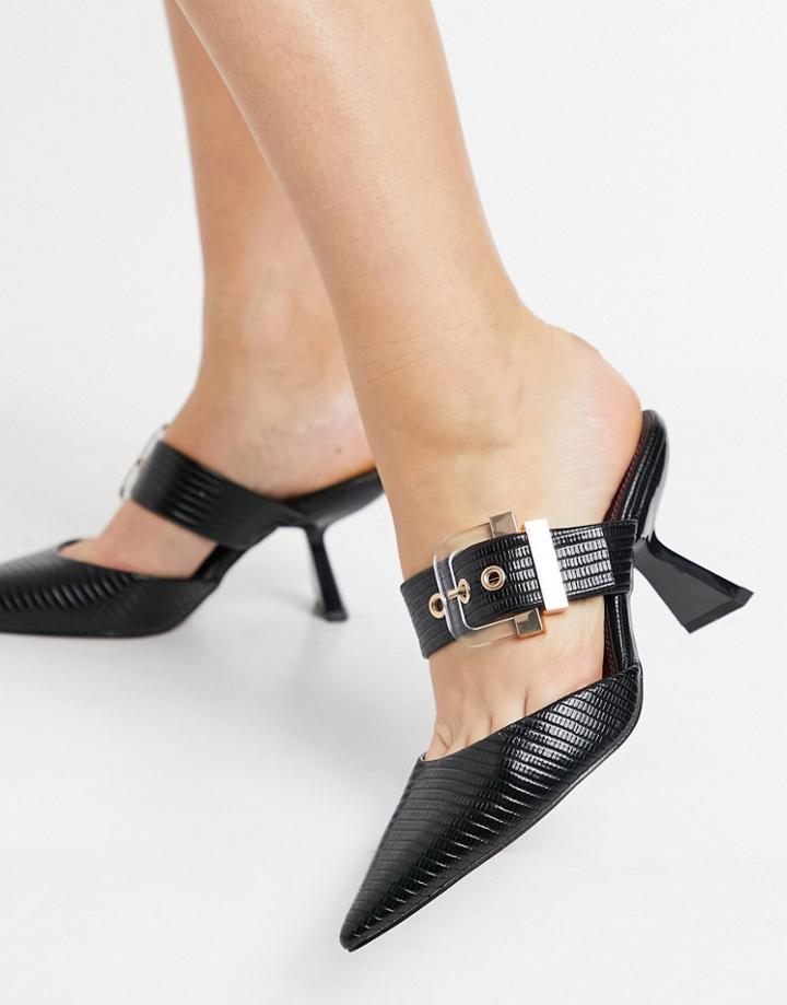 Asos Design Saga Buckle Feature Mid Heeled Mules In Black