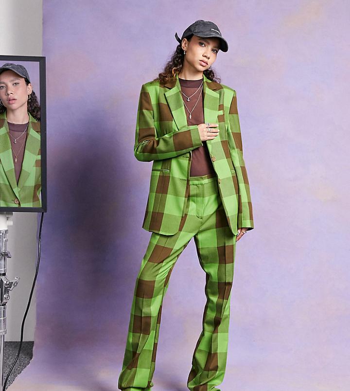 Collusion Fitted Blazer In Green And Brown Check-multi