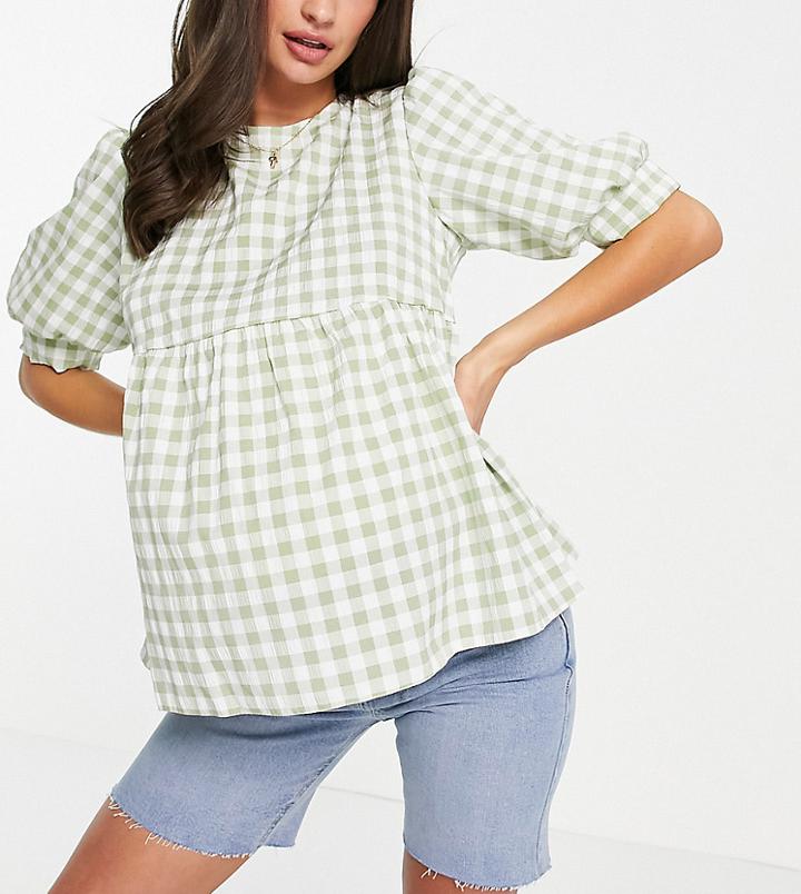 New Look Maternity Gingham Tie Short Sleeve Peplum Top In Green