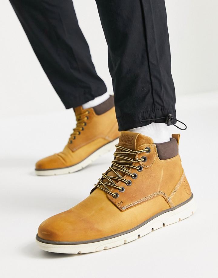 Jack & Jones Leather Lace-up Ankle Boots In Honey-brown