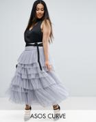 Asos Curve Tulle Midi Prom Skirt With Tiers And Tie Waist - Gray