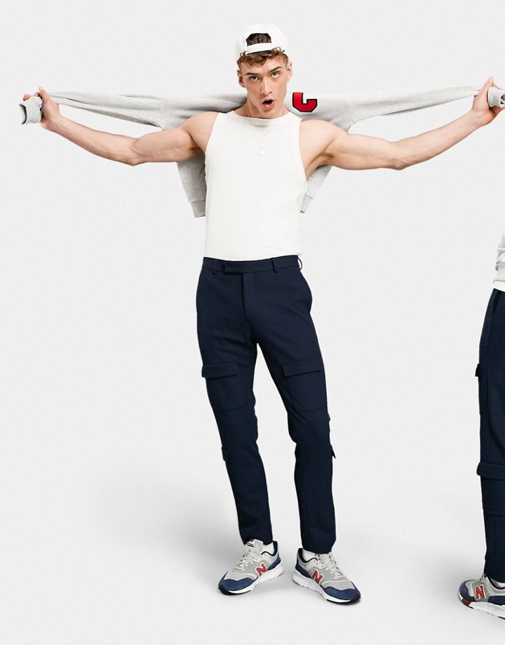 Asos Design Skinny Smart Cargo Pants In Navy Knit With Multi Pockets