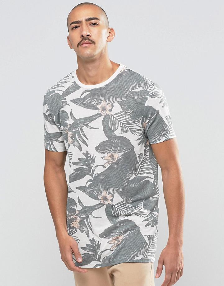 Asos Longline T-shirt With Tonal Floral In Linen Mix Fabric - Ecru