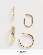 Asos Design Pack Of 2 Hoop Earrings In Textured And Hammered Design In Gold Tone - Gold
