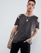 Asos Design Relaxed Longline T-shirt With Scoop Neck In Splatter Bleach Wash - Black