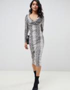 Asos Design Velvet Snakeskin Twist Front Midi Dress-multi