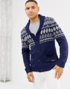 Blend Shawl Neck Cardigan With Fairisle Design In Blue - Blue