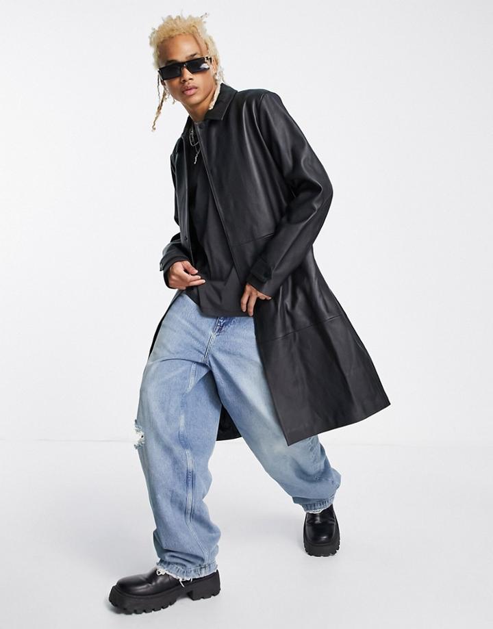 Asos Design Longline Leather Trench Coat In Black