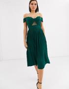 Asos Design Premium Lace And Pleat Bardot Midi Dress-green