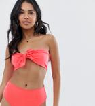 Prettylittlething Tie Front Bandeau Bikini Top In Neon Coral - Orange