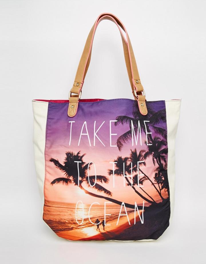 South Beach Ocean Print Beach Bag - Pink Multi