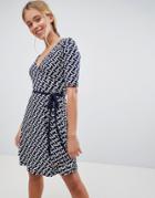Gilli Printed Wrap Front Skater Dress With Tie Belt - Navy