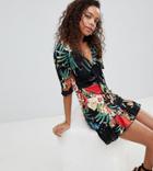 Parisian Petite Tropical Print Tea Dress-black