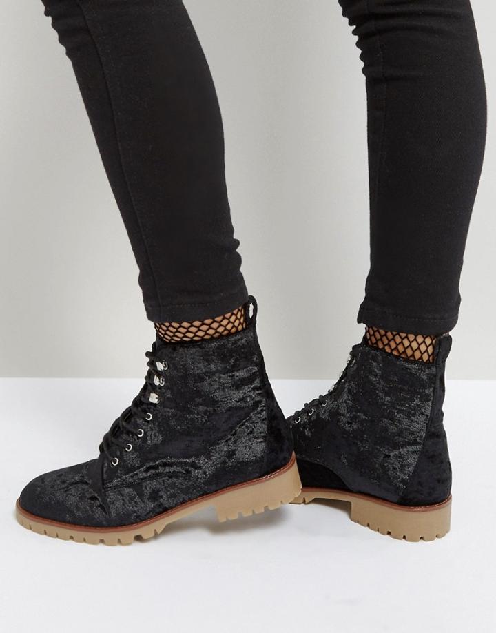 Qupid Velvet Flat Hiker Boot - Black