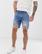 Jack & Jones Intelligence Ripped Denim Shorts In Blue - Blue