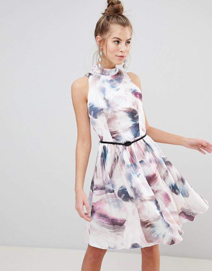 Little Mistress High Neck Prom Dress In Watercolor Print - Multi