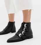 Asos Design Wide Fit Alissa Leather Buckled Boots-black