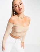 Public Desire Ruched Off-the-shoulder Crop Top In Stone - Part Of A Set-neutral