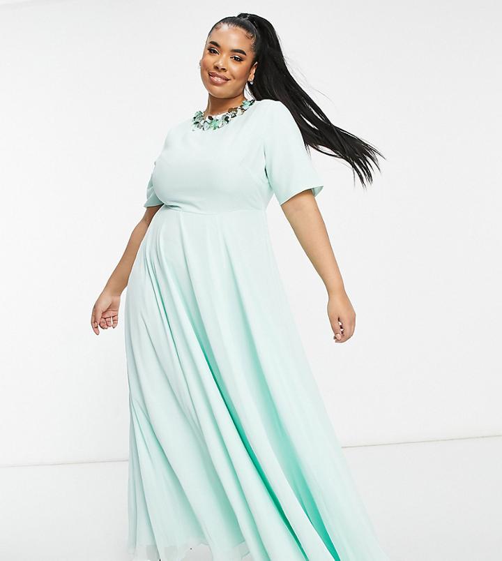 Asos Design Curve Crop Top Embellished Neckline Maxi Dress-green
