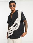 Asos Design Relaxed Camp Collar Shirt In Linen Mix With Hand Print-black