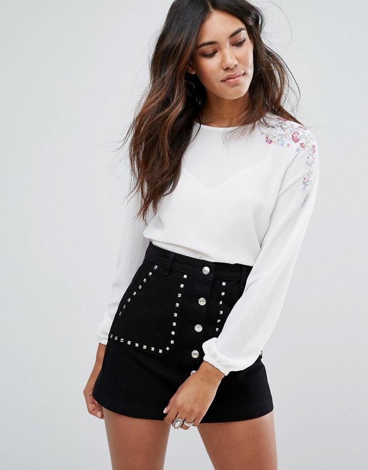 New Look Cuff Sleeve Floral Embroidered Blouse - Cream