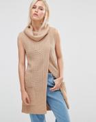 Brave Soul Roll Neck Open Front Sweater - Brown