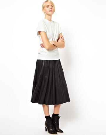 Asos White Midi Skirt In Pleated Leather