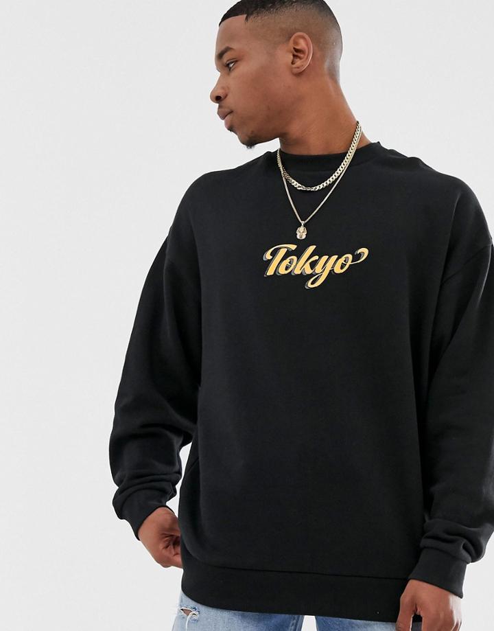 Asos Design Oversized Sweatshirt With Tokyo Print In Black