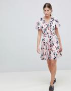 Uttam Boutique Leaf Print Belted Skater Dress - Blue