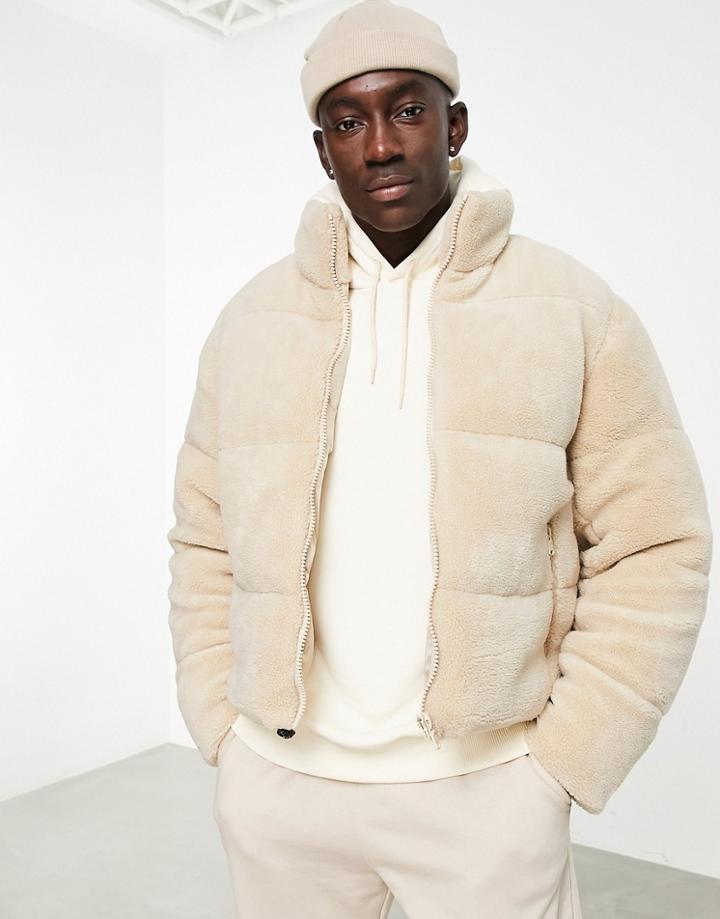 Asos Design Borg Puffer Jacket In Ecru-neutral