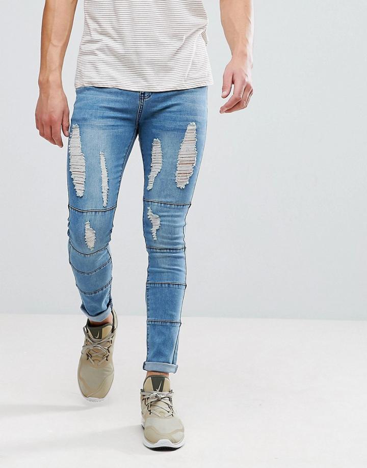 Boohooman Skinny Jeans With Panels And Rips In Light Wash - Blue