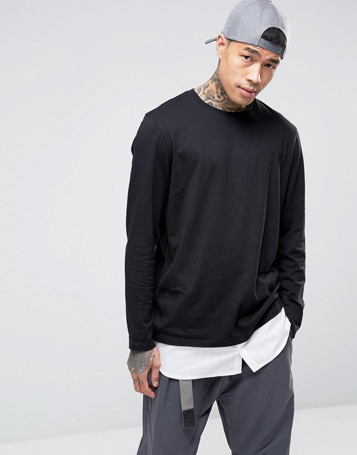 Asos Longline Long Sleeve T-shirt With Shirt Hem Underlayer - Black