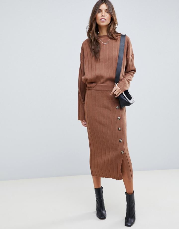 Asos Design Two-piece Skirt In Wide Rib With Buttons - Brown