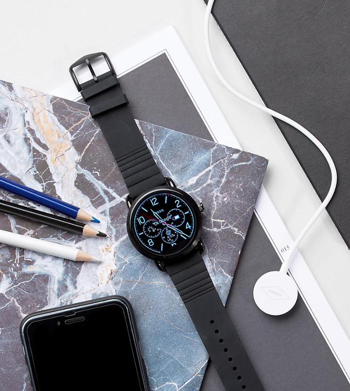 Fossil Q Ftw2103 Wander Leather Smart Watch In Black - Black
