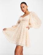Asos Design Fluffy Mini Dress With Ruched Bust And Shirred Cuffs In Pale Pink