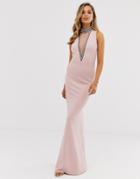 City Goddess Stephanie Pratt High Neck Cut Out Embellished Maxi Dress - Beige