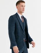 Asos Design Slim Suit Jacket In 100% Wool Harris Tweed In Blue Herringbone