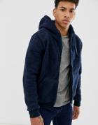 Brave Soul Borg Zip Through Hoodie In Navy - Navy