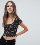 Asos Design Petite Button Front Crop Top In Mono Spot Floral Print - Multi