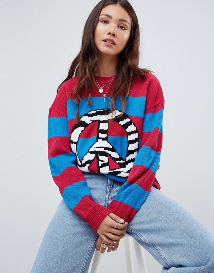 E.l.k Oversized Sweater In Stripe With Peace Sign Graphic - Multi