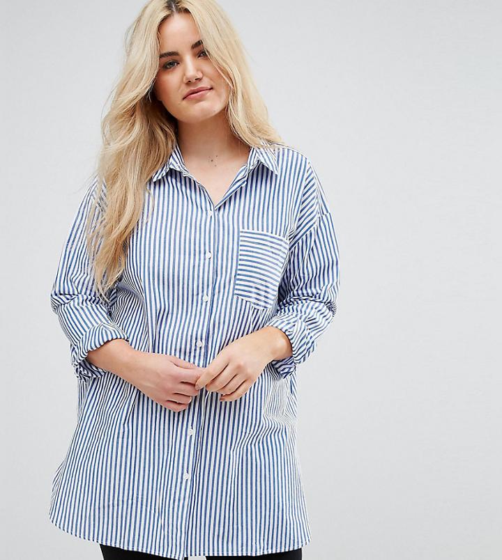 Asos Design Curve Oversized Smart Cotton Shirt In Stripe With Curved Hem - Multi