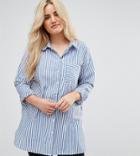 Asos Design Curve Oversized Smart Cotton Shirt In Stripe With Curved Hem - Multi