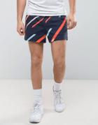 Asos Slim Elasticated Waist Shorter Shorts In All Over Line Print - Navy