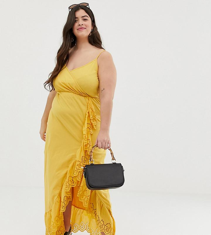 Asos Design Curve Broderie Trim Wrap Maxi Dress - Yellow