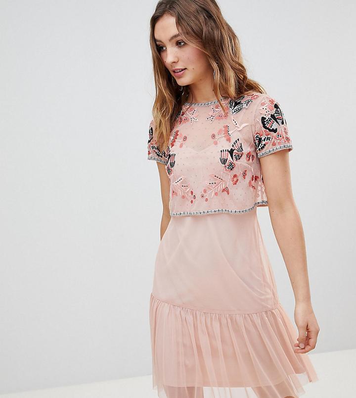 Frock And Frill Premium Embellished Top Drop Hem Skater Dress - Pink