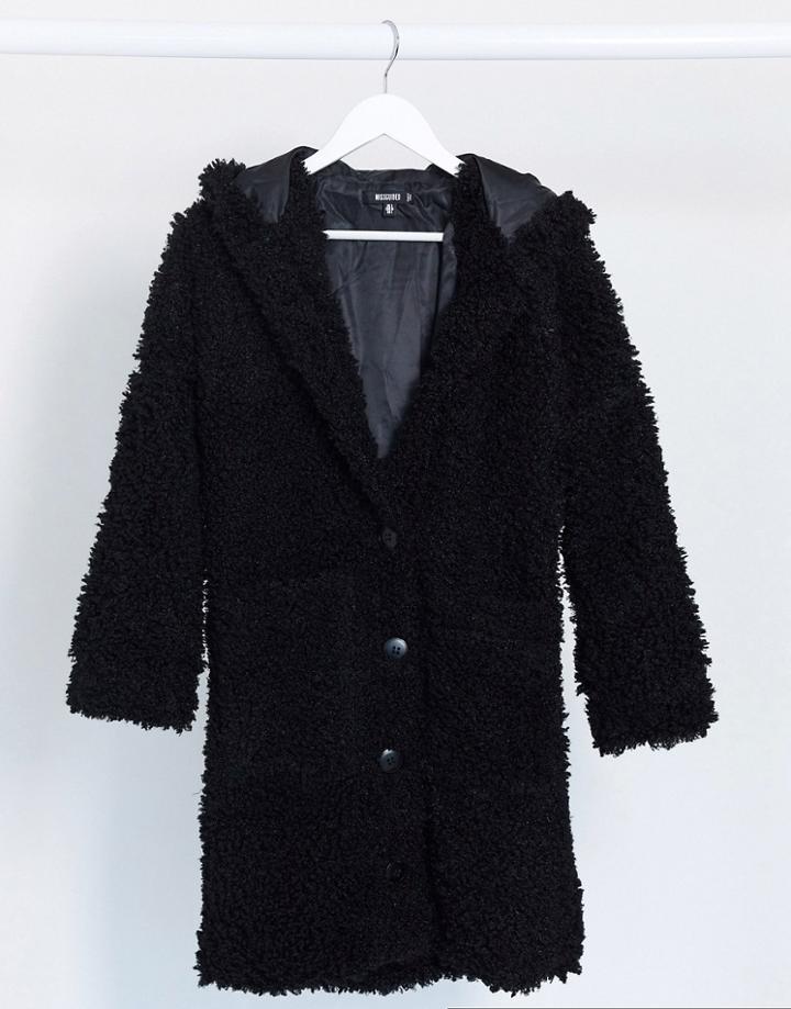 Missguided Hooded Borg Coat In Black